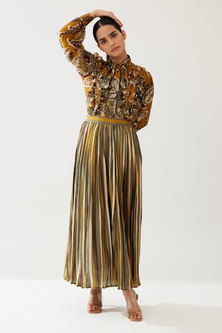 Shop_KoAi_Green Cotton, Silk Stripe Print Skirt _Online_at_Aza_Fashions
