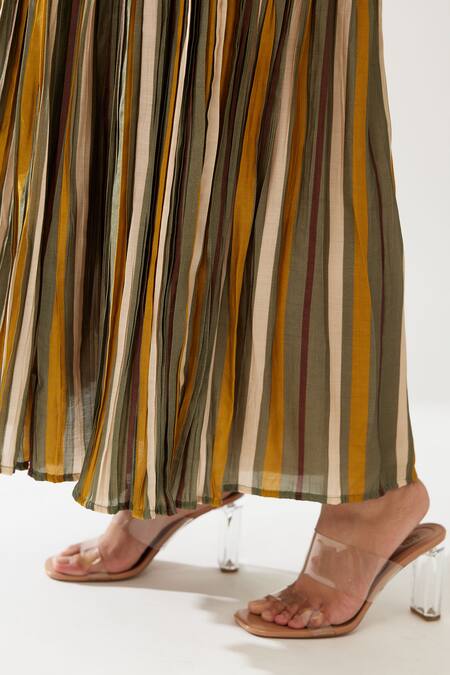 KoAi_Green Cotton, Silk Stripe Print Skirt _at_Aza_Fashions