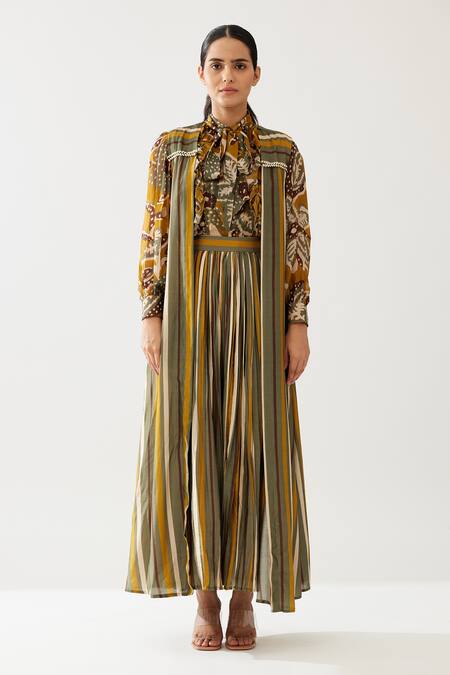 Koai_Yellow Cotton Silk Printed Stripe Open Cape _Online_at_Aza_Fashions