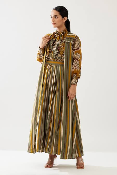 Buy_Koai_Yellow Cotton Silk Printed Stripe Open Cape _Online_at_Aza_Fashions