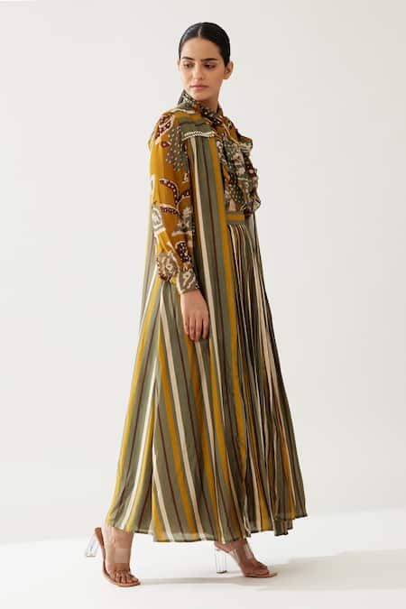 Shop_Koai_Yellow Cotton Silk Printed Stripe Open Cape _Online_at_Aza_Fashions