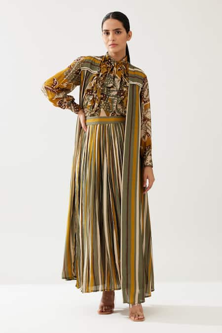 Koai_Yellow Cotton Silk Printed Stripe Open Cape _at_Aza_Fashions