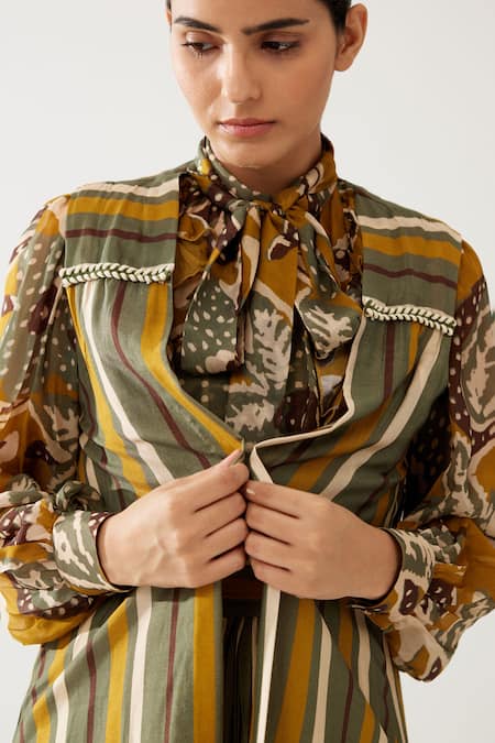 Buy_Koai_Yellow Cotton Silk Printed Stripe Open Cape 