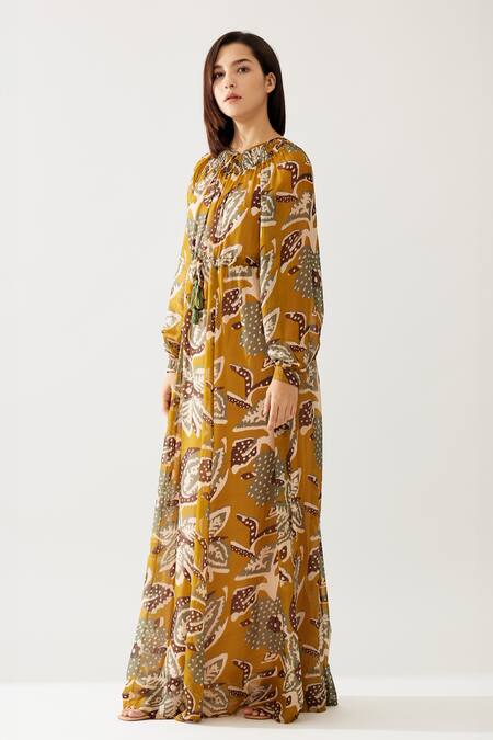 Koai Yellow Chiffon Round Neck Floral Print Kaftan Dress Online at Aza Fashions Koai_Yellow Chiffon Round Neck Floral Print Kaftan Dress _Online_at_Aza_Fashions