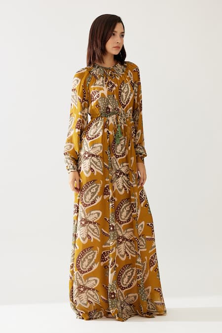 Buy Koai Yellow Chiffon Round Neck Floral Print Kaftan Dress Online at Aza Fashions Buy_Koai_Yellow Chiffon Round Neck Floral Print Kaftan Dress _Online_at_Aza_Fashions