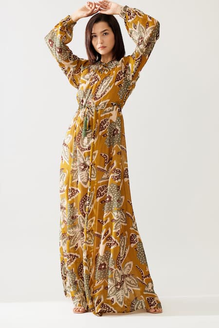 Shop Koai Yellow Chiffon Round Neck Floral Print Kaftan Dress Online at Aza Fashions Shop_Koai_Yellow Chiffon Round Neck Floral Print Kaftan Dress _Online_at_Aza_Fashions