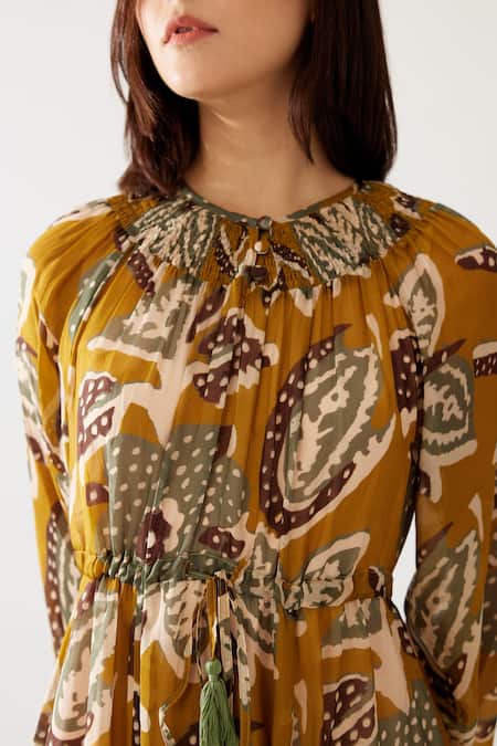 Koai Yellow Chiffon Round Neck Floral Print Kaftan Dress at Aza Fashions Koai_Yellow Chiffon Round Neck Floral Print Kaftan Dress _at_Aza_Fashions