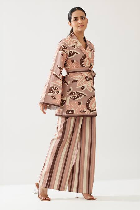 Shop_KoAi_Peach Poplin Collared Garden Print Jacket _Online_at_Aza_Fashions