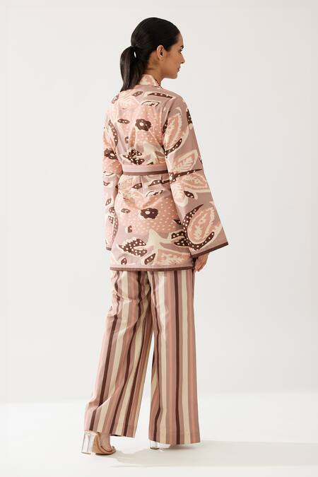 KoAi_Peach Poplin Collared Garden Print Jacket _at_Aza_Fashions