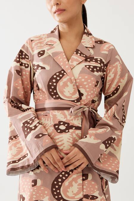 Buy_KoAi_Peach Poplin Collared Garden Print Jacket 