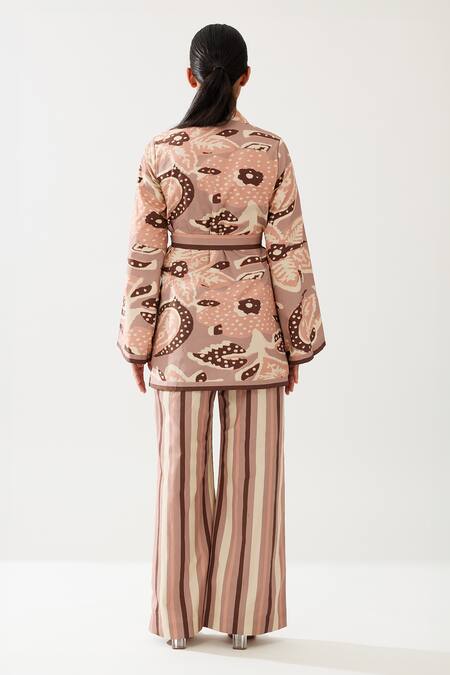 Shop_KoAi_Peach Poplin Collared Garden Print Jacket _at_Aza_Fashions