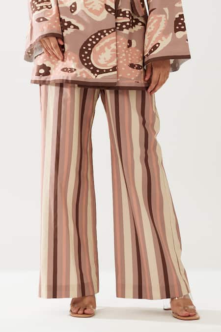 Koai_Peach Poplin Stripe Print Flared Pant _Online_at_Aza_Fashions