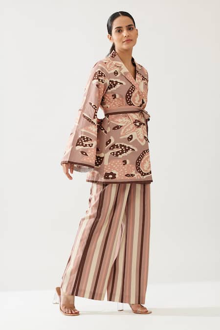 Shop_Koai_Peach Poplin Stripe Print Flared Pant _Online_at_Aza_Fashions