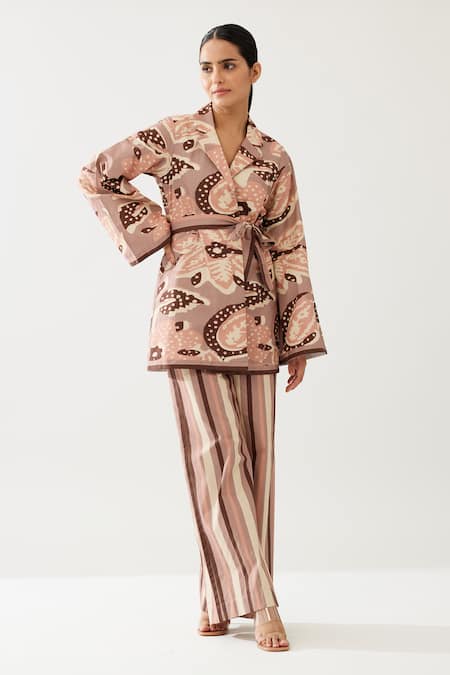 Koai_Peach Poplin Stripe Print Flared Pant _at_Aza_Fashions