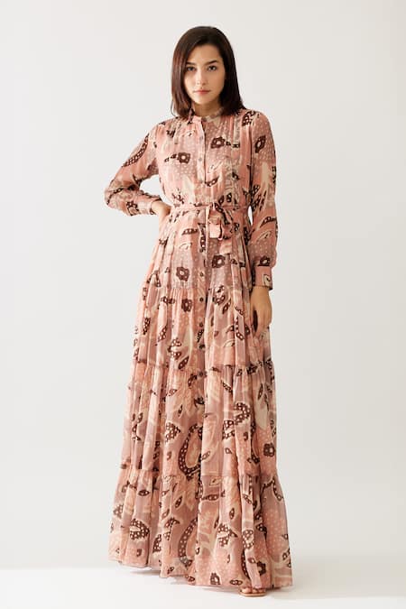 Buy Peach Cupro Chiffon Printed Floral Band Collar Maxi Shirt Dress For Women by KoAi Online at Aza Fashions in US