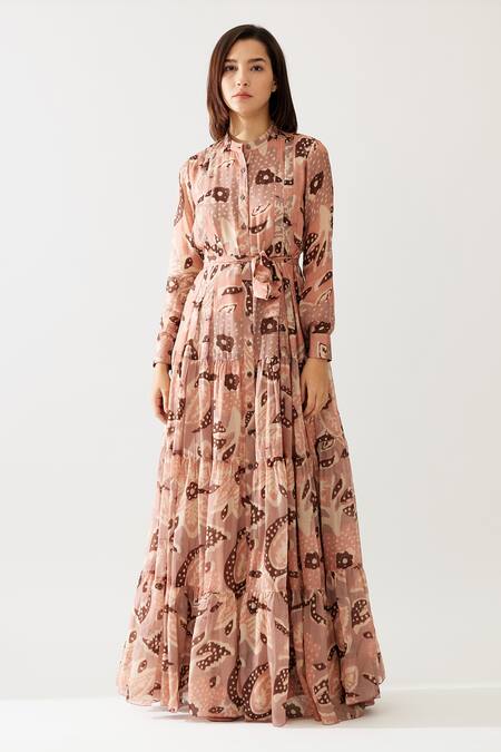 Koai_Peach Chiffon Bandeau Neck Floral Print Maxi Shirt Dress _Online_at_Aza_Fashions