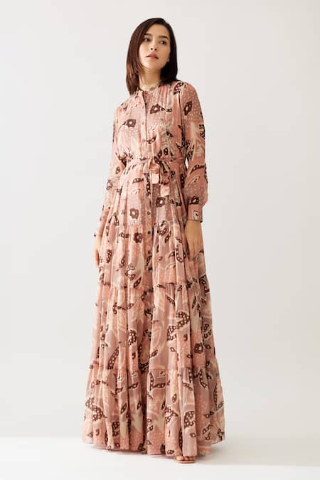 Buy_Koai_Peach Chiffon Bandeau Neck Floral Print Maxi Shirt Dress _Online_at_Aza_Fashions