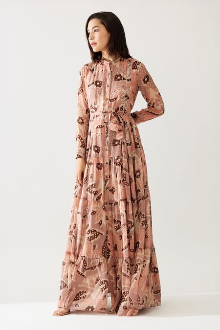 Shop_Koai_Peach Chiffon Bandeau Neck Floral Print Maxi Shirt Dress _Online_at_Aza_Fashions