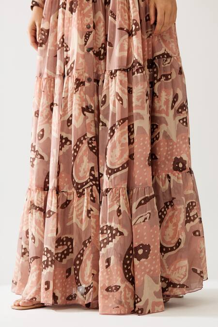Koai_Peach Chiffon Bandeau Neck Floral Print Maxi Shirt Dress _at_Aza_Fashions