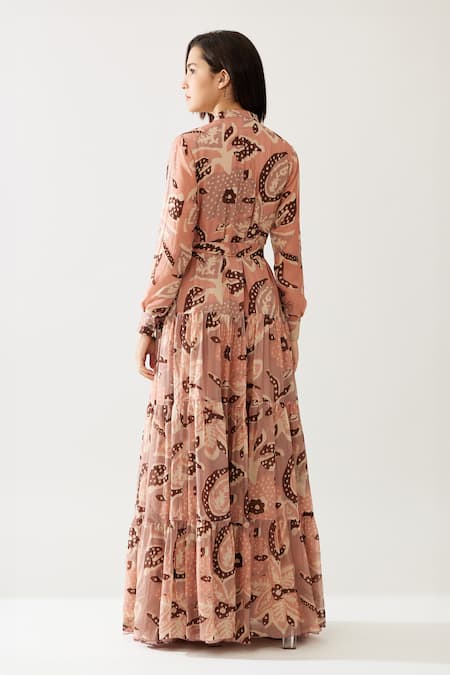 Shop_Koai_Peach Chiffon Bandeau Neck Floral Print Maxi Shirt Dress _at_Aza_Fashions