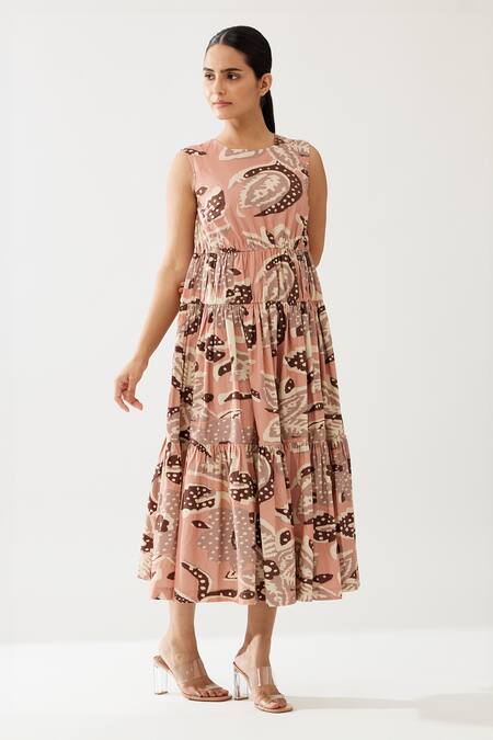 Koai Peach Cotton, Poplin Round Neck Flower Print Tiered Dress Online at Aza Fashions Koai_Peach Cotton, Poplin Round Neck Flower Print Tiered Dress _Online_at_Aza_Fashions