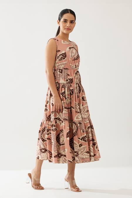 Buy Koai Peach Cotton, Poplin Round Neck Flower Print Tiered Dress Online at Aza Fashions Buy_Koai_Peach Cotton, Poplin Round Neck Flower Print Tiered Dress _Online_at_Aza_Fashions
