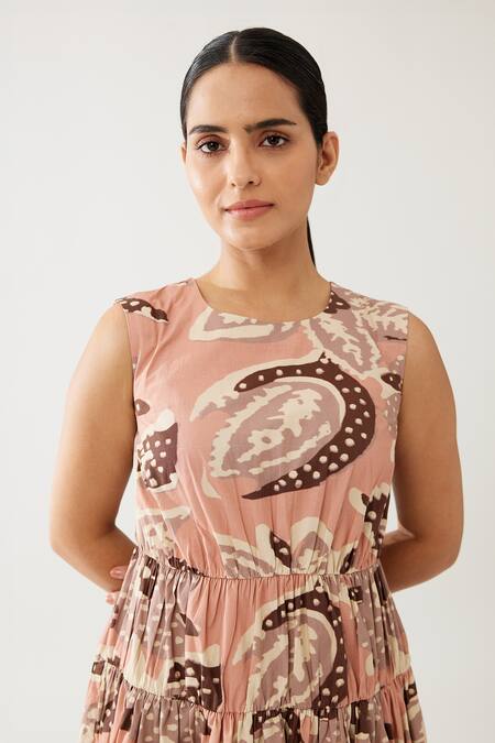 Shop Koai Peach Cotton, Poplin Round Neck Flower Print Tiered Dress Online at Aza Fashions Shop_Koai_Peach Cotton, Poplin Round Neck Flower Print Tiered Dress _Online_at_Aza_Fashions