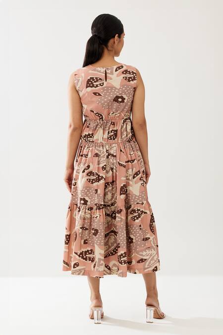 Koai Peach Cotton, Poplin Round Neck Flower Print Tiered Dress at Aza Fashions Koai_Peach Cotton, Poplin Round Neck Flower Print Tiered Dress _at_Aza_Fashions