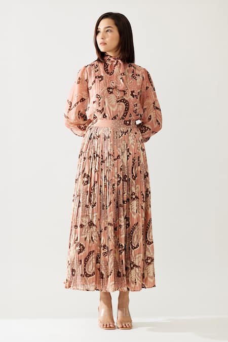 Koai_Peach Chiffon Embroidery High Neck Flower Print Bow Tie Top _Online_at_Aza_Fashions
