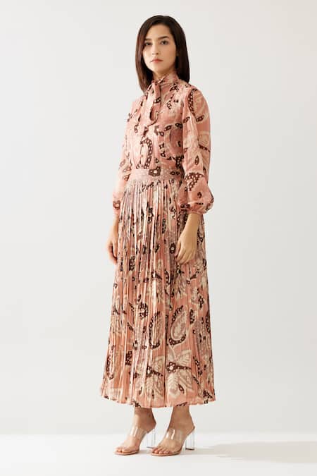 Buy_Koai_Peach Chiffon Embroidery High Neck Flower Print Bow Tie Top _Online_at_Aza_Fashions