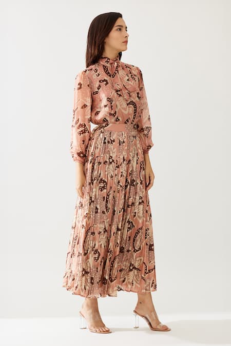 Shop_Koai_Peach Chiffon Embroidery High Neck Flower Print Bow Tie Top _Online_at_Aza_Fashions