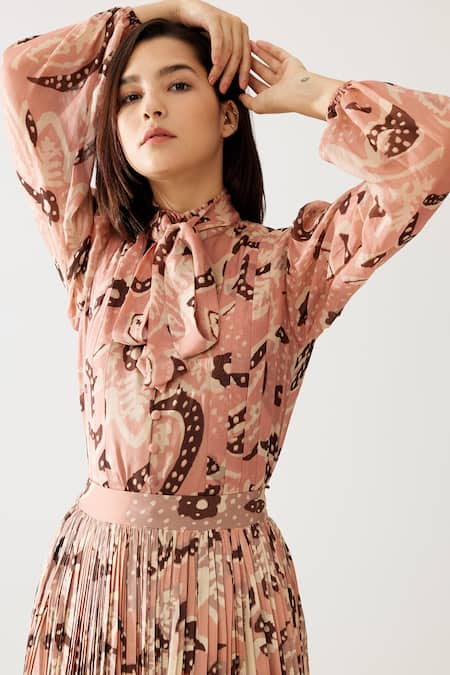Koai_Peach Chiffon Embroidery High Neck Flower Print Bow Tie Top _at_Aza_Fashions