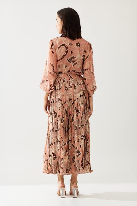 Shop_Koai_Peach Chiffon Embroidery High Neck Flower Print Bow Tie Top _at_Aza_Fashions