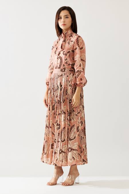 Buy_Koai_Peach Cotton, Silk Printed Pleated Skirt _Online_at_Aza_Fashions