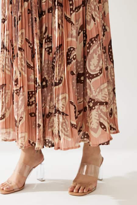 Koai_Peach Cotton, Silk Printed Pleated Skirt _at_Aza_Fashions