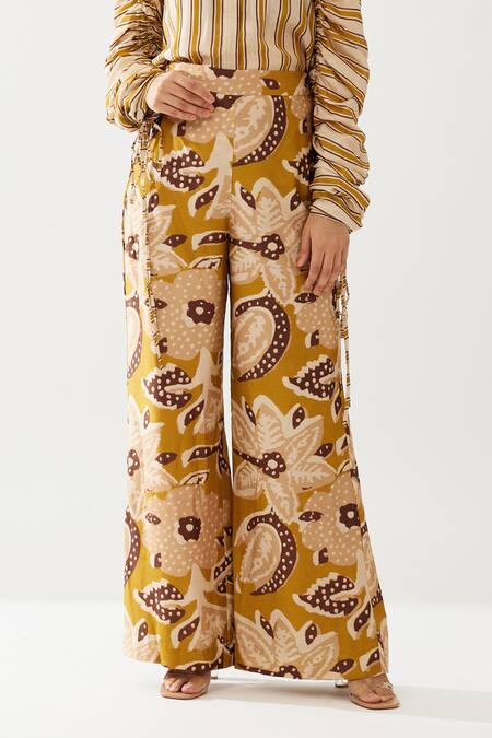 Koai Yellow Cotton, Silk Floral Print Flared Pant Online at Aza Fashions Koai_Yellow Cotton, Silk Floral Print Flared Pant _Online_at_Aza_Fashions