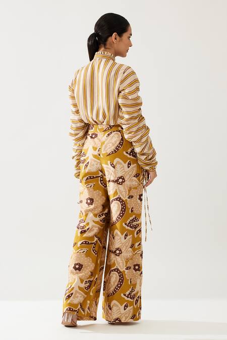 Buy Koai Yellow Cotton, Silk Floral Print Flared Pant Buy_Koai_Yellow Cotton, Silk Floral Print Flared Pant
