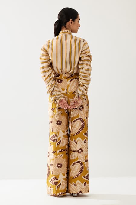 Shop Koai Yellow Cotton, Silk Floral Print Flared Pant at Aza Fashions Shop_Koai_Yellow Cotton, Silk Floral Print Flared Pant _at_Aza_Fashions