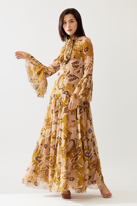 Koai_Yellow Chiffon Embroidery High Neck Floral Print Frill Dress _Online_at_Aza_Fashions