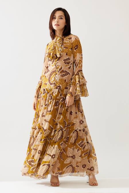 Buy_Koai_Yellow Chiffon Embroidery High Neck Floral Print Frill Dress _Online_at_Aza_Fashions