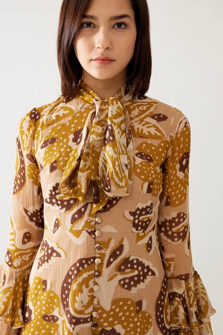 Shop_Koai_Yellow Chiffon Embroidery High Neck Floral Print Frill Dress _Online_at_Aza_Fashions