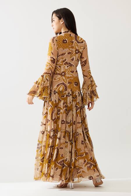 Koai_Yellow Chiffon Embroidery High Neck Floral Print Frill Dress _at_Aza_Fashions