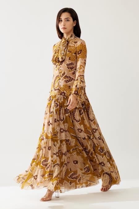 Buy_Koai_Yellow Chiffon Embroidery High Neck Floral Print Frill Dress 