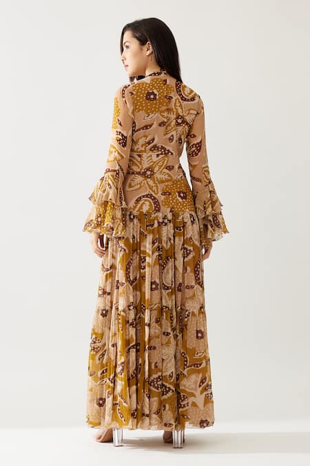 Shop_Koai_Yellow Chiffon Embroidery High Neck Floral Print Frill Dress _at_Aza_Fashions