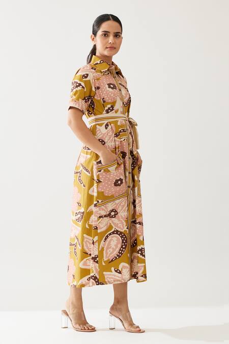 Koai_Yellow Cotton, Poplin Embroidery Collared Abstract Floral Print Shirt Dress _Online_at_Aza_Fashions
