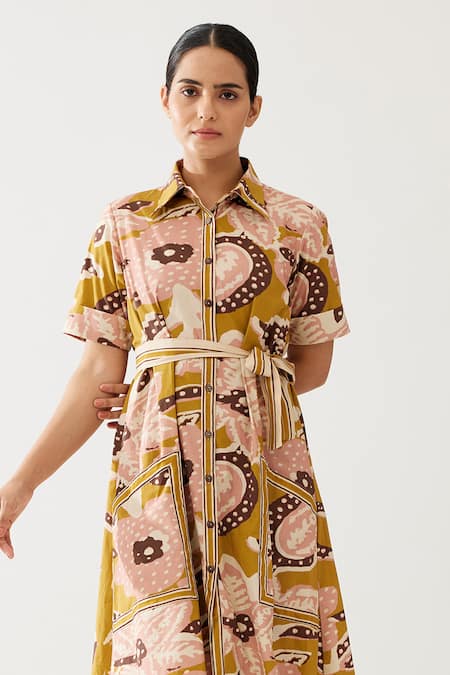 Shop_Koai_Yellow Cotton, Poplin Embroidery Collared Abstract Floral Print Shirt Dress _Online_at_Aza_Fashions