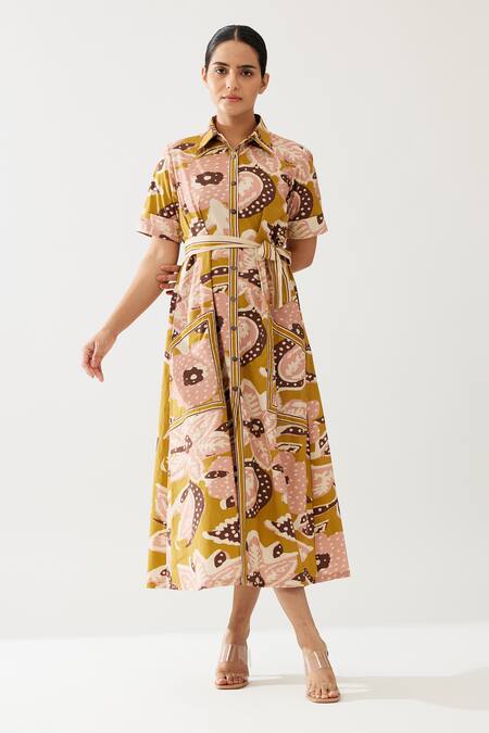 Koai_Yellow Cotton, Poplin Embroidery Collared Abstract Floral Print Shirt Dress _at_Aza_Fashions