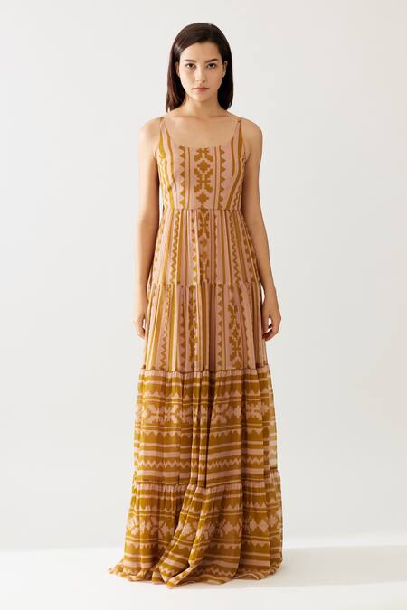 Buy Koai Pink Chiffon Round Neck Geometric Print Dress Online at Aza Fashions Buy_Koai_Pink Chiffon Round Neck Geometric Print Dress _Online_at_Aza_Fashions