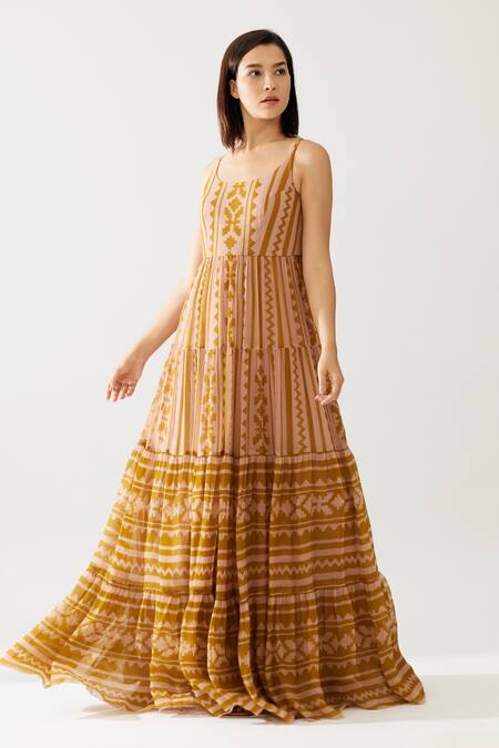 Shop Koai Pink Chiffon Round Neck Geometric Print Dress Online at Aza Fashions Shop_Koai_Pink Chiffon Round Neck Geometric Print Dress _Online_at_Aza_Fashions