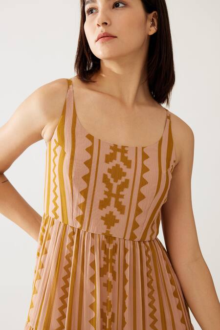 Buy Koai Pink Chiffon Round Neck Geometric Print Dress Buy_Koai_Pink Chiffon Round Neck Geometric Print Dress